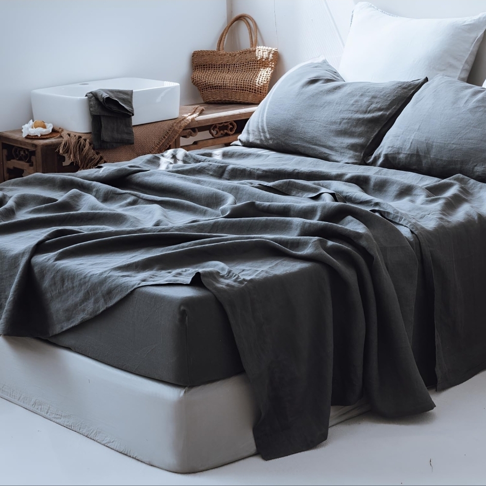 Simple&Opulence 100% Linen Sheets Twin Size Set, 3 Pcs Embroidery